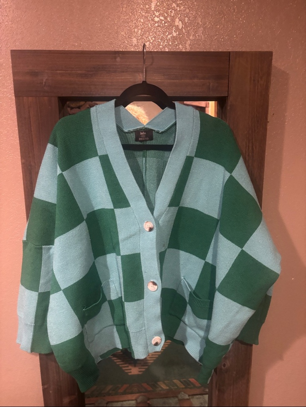 Damaged Dressed in LALA Checkerboard Cardigan - Green & Light Blue